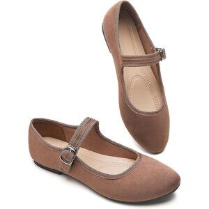 Babudog Womens Brown Faux Suede Rounded Toe Ankle Strap With Buckle Flats